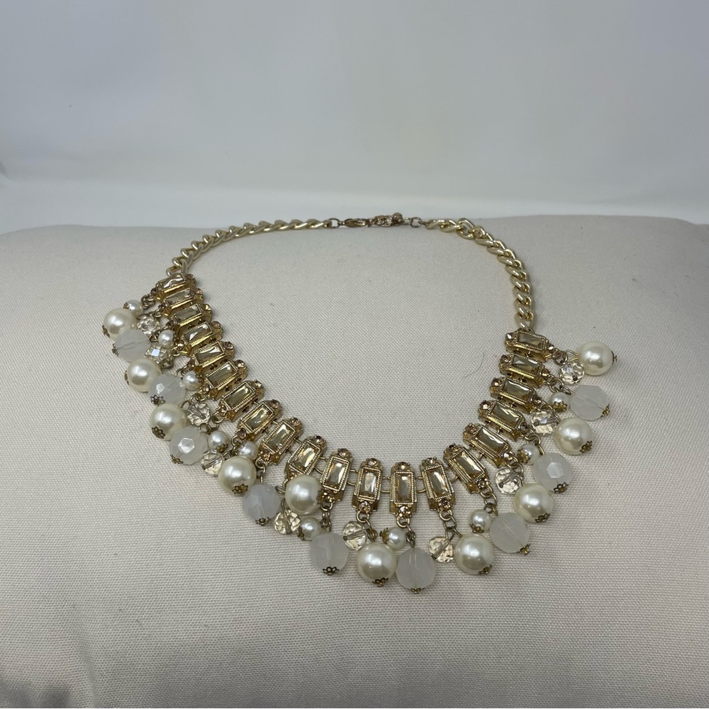 Source Unknown Gold and Pearl Fringe Statement Necklace